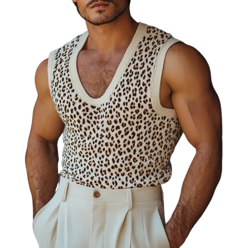 Men's Casual U-neck Leopard Jacquard Slim Fit Knitted Tank Top MTA1046D0M sold by Manly