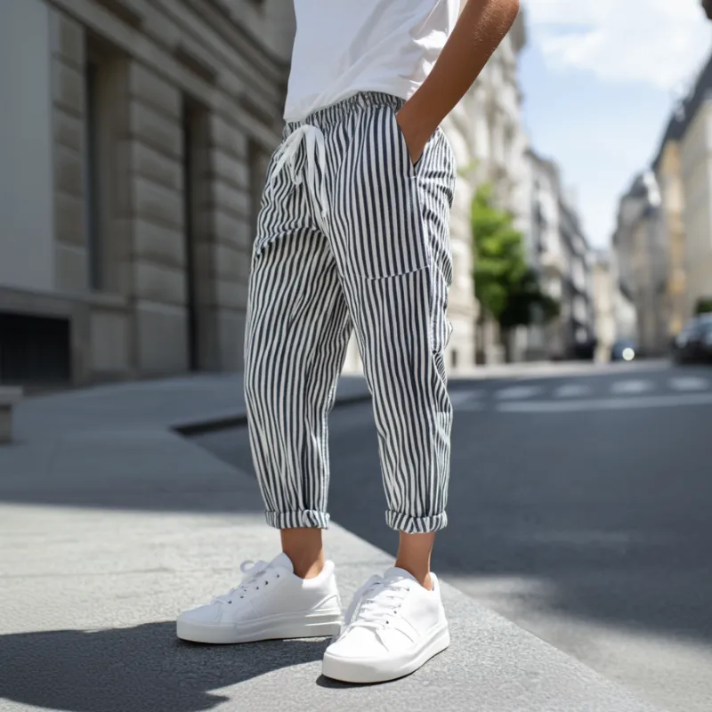 【24-hour shipping out】Men's Casual Cotton Blend Striped Elastic Waist Tapered Pants MTA1006D9M sold by Manly product image thumbnail 2