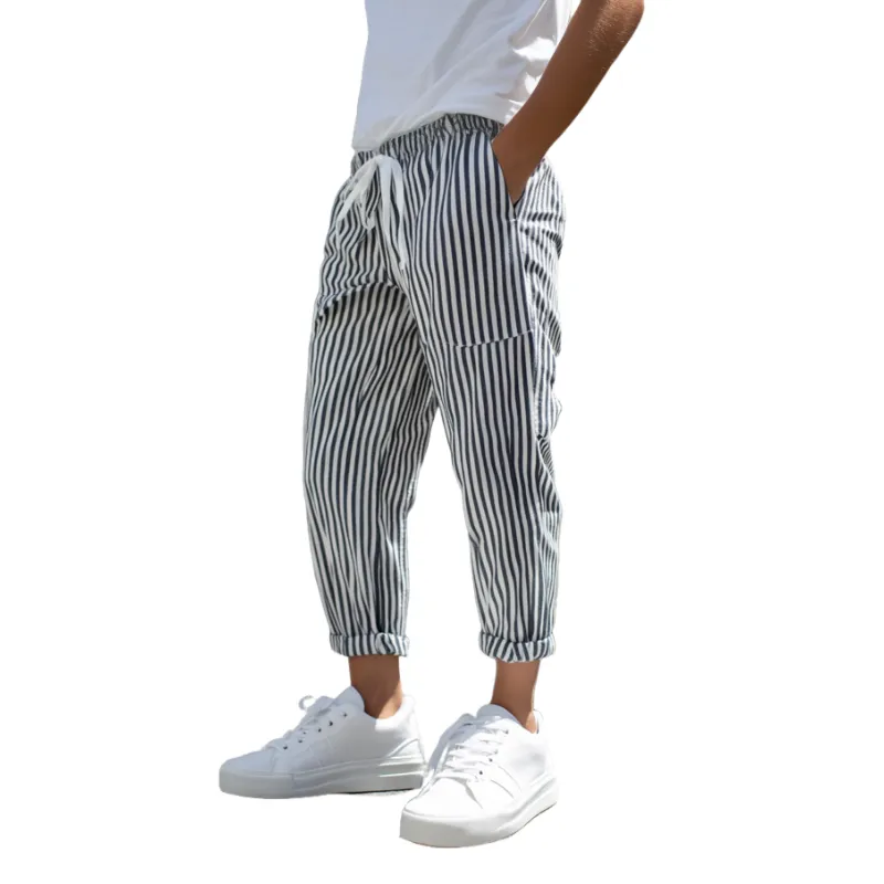 【24-hour shipping out】Men's Casual Cotton Blend Striped Elastic Waist Tapered Pants MTA1006D9M sold by Manly