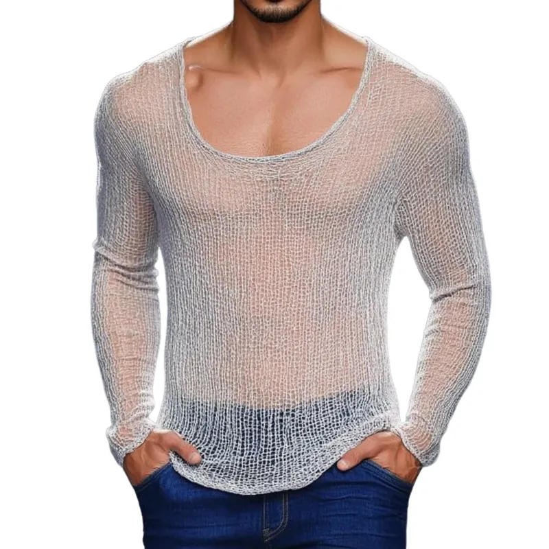Men's Casual Breathable Round Neck Hollow Knitted Slim Sweater T-Shirt MTA1433D2M sold by Manly