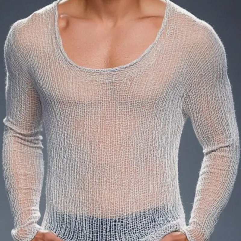 Men's Casual Breathable Round Neck Hollow Knitted Slim Sweater T-Shirt MTA1433D2M sold by Manly product image thumbnail 3