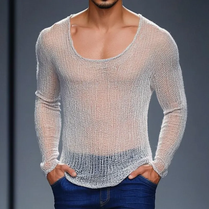 Men's Casual Breathable Round Neck Hollow Knitted Slim Sweater T-Shirt MTA1433D2M sold by Manly product image thumbnail 2
