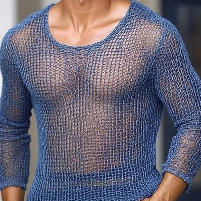 Men's Casual Breathable Round Neck Hollow Knitted Slim Sweater T-Shirt MTA1475D3M sold by Manly product image thumbnail 3