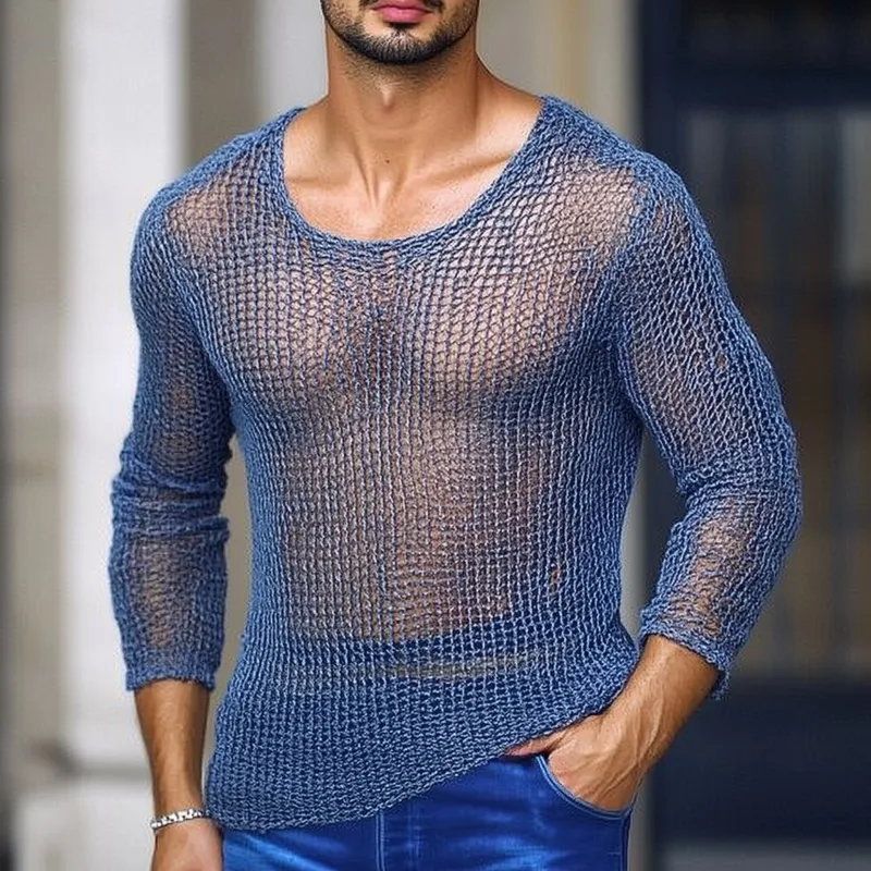 Men's Casual Breathable Round Neck Hollow Knitted Slim Sweater T-Shirt MTA1475D3M sold by Manly product image thumbnail 2