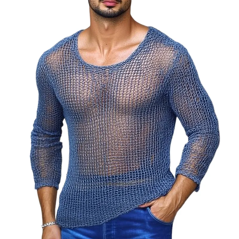 Men's Casual Breathable Round Neck Hollow Knitted Slim Sweater T-Shirt MTA1475D3M sold by Manly