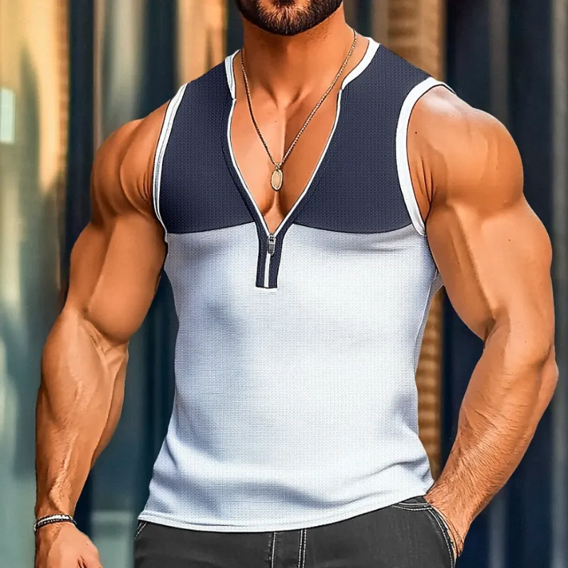 Men's Casual Cotton Waffle Colorblock Patchwork Zipper V-Neck Slim Fit Tank Top MTA1514D3M sold by Manly product image thumbnail 3