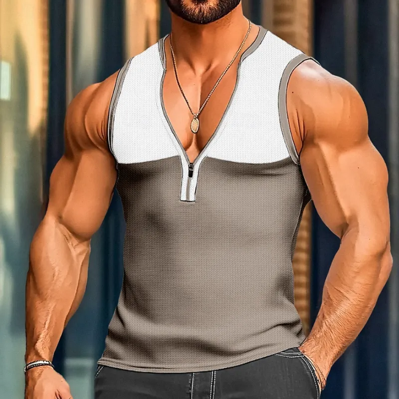 Men's Casual Cotton Waffle Colorblock Patchwork Zipper V-Neck Slim Fit Tank Top MTA1514D3M sold by Manly product image thumbnail 4