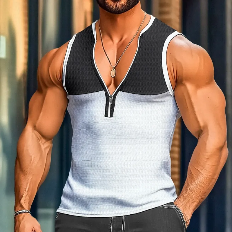 Men's Casual Cotton Waffle Colorblock Patchwork Zipper V-Neck Slim Fit Tank Top MTA1514D3M sold by Manly product image thumbnail 2