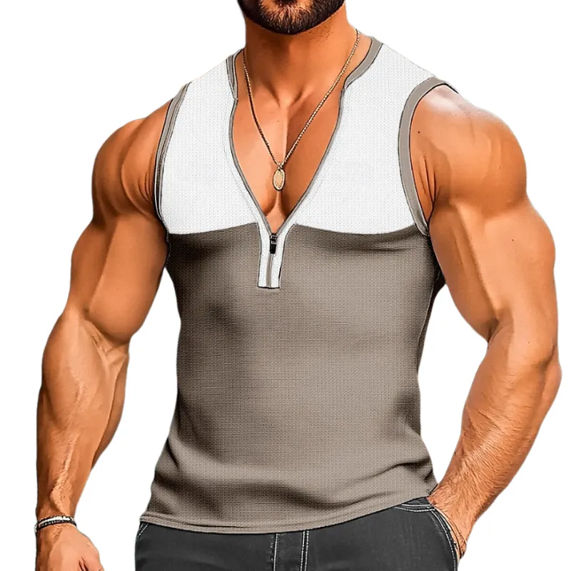 Men's Casual Cotton Waffle Colorblock Patchwork Zipper V-Neck Slim Fit Tank Top MTA1514D3M sold by Manly