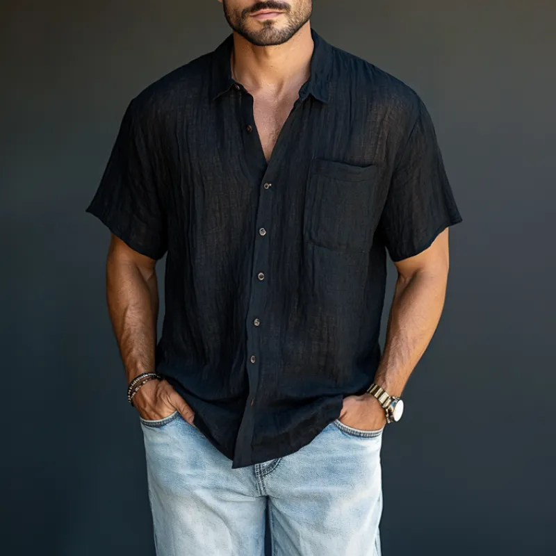 Men's Casual Breathable Comfortable Linen Lapel Loose Short Sleeve Shirt MTA0911D3M sold by Manly product image thumbnail 2