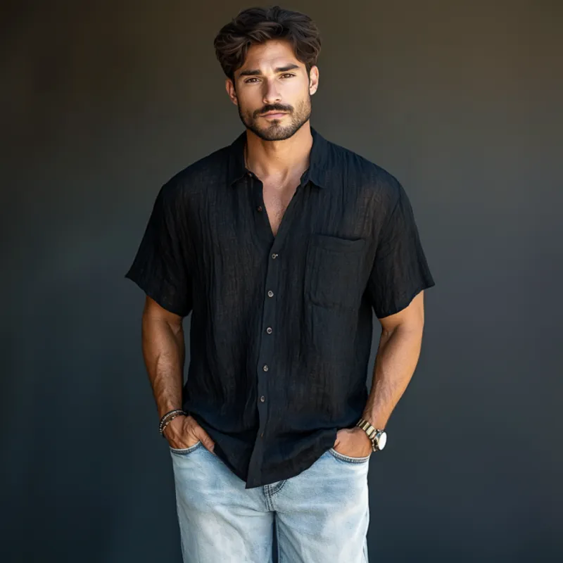 Men's Casual Breathable Comfortable Linen Lapel Loose Short Sleeve Shirt MTA0911D3M sold by Manly product image thumbnail 3