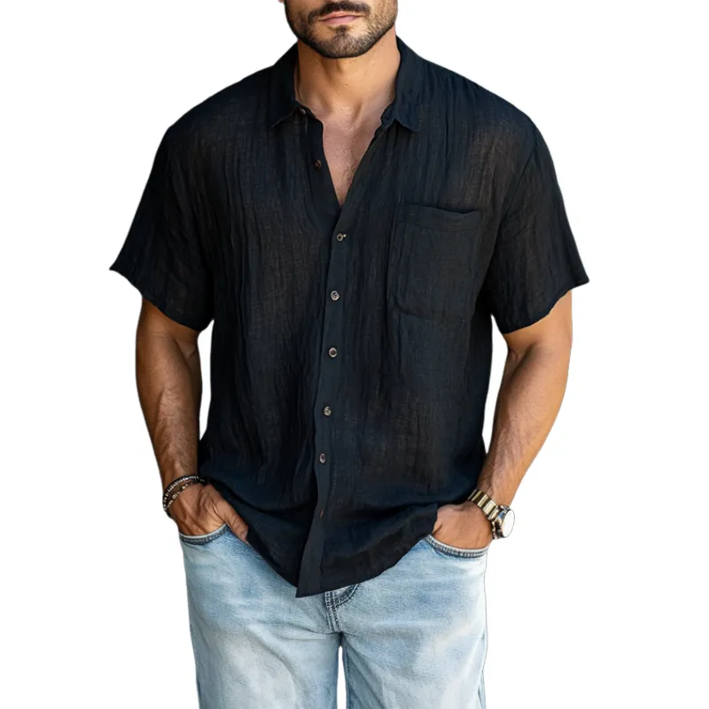 Men's Casual Breathable Comfortable Linen Lapel Loose Short Sleeve Shirt MTA0911D3M sold by Manly