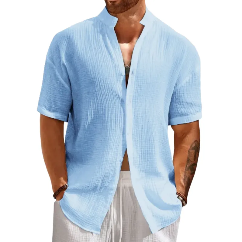 Men's Casual Stand Collar Breathable Cotton Blend Pleated Slim Fit Short Sleeve Shirt MTA1401D7M sold by Manly product image thumbnail 2