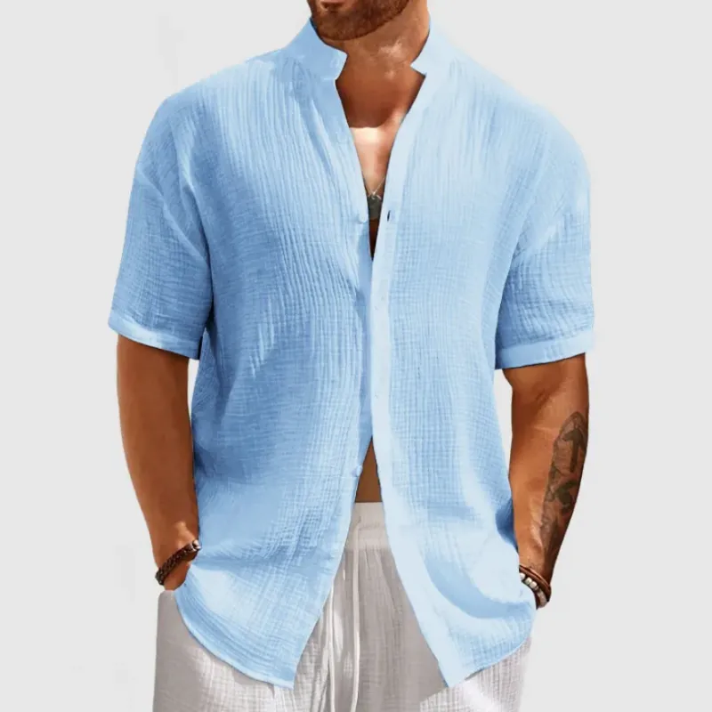 Men's Casual Stand Collar Breathable Cotton Blend Pleated Slim Fit Short Sleeve Shirt MTA1401D7M sold by Manly product image thumbnail 5