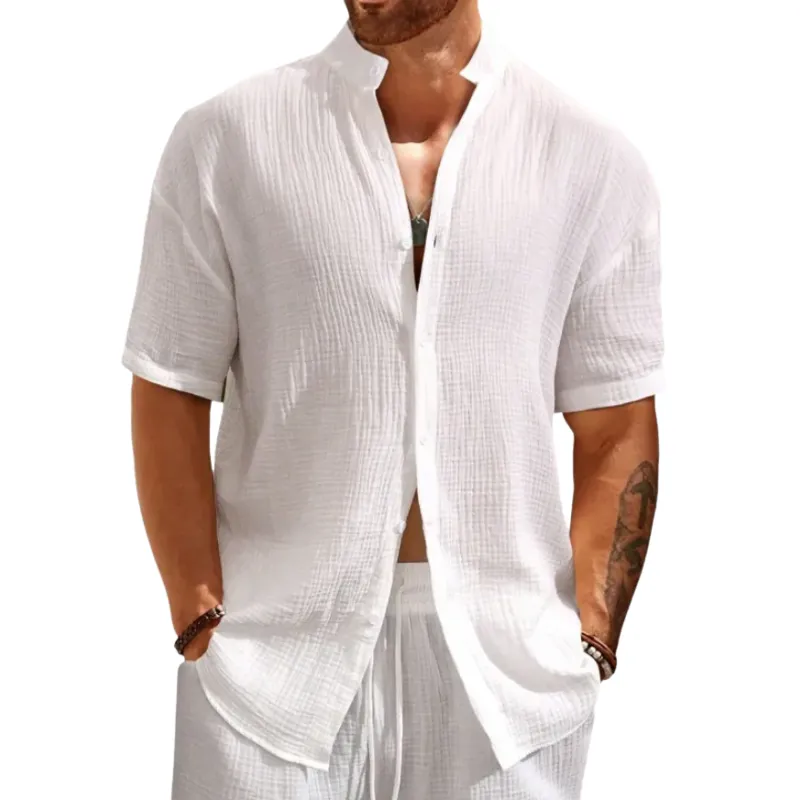 Men's Casual Stand Collar Breathable Cotton Blend Pleated Slim Fit Short Sleeve Shirt MTA1401D7M sold by Manly