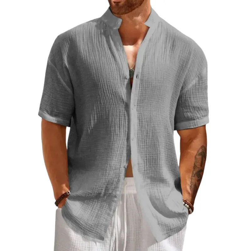 Men's Casual Stand Collar Breathable Cotton Blend Pleated Slim Fit Short Sleeve Shirt MTA1401D7M sold by Manly product image thumbnail 3