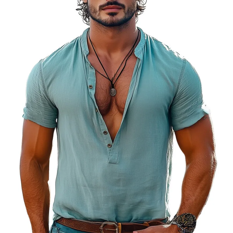 Men's Summer Deep V-Neck Solid Color Comfortable Short-Sleeved T-Shirt MTA1561D3U sold by Manly