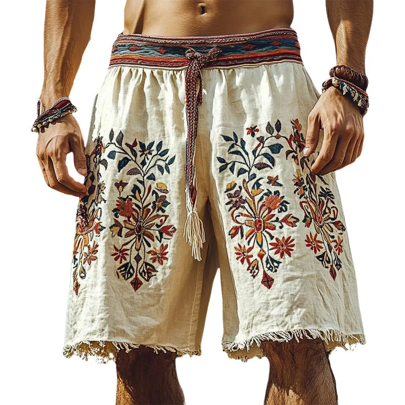 Men's Summer Retro Embroidered Cotton and Linen Shorts MTA1548D0U sold by Manly