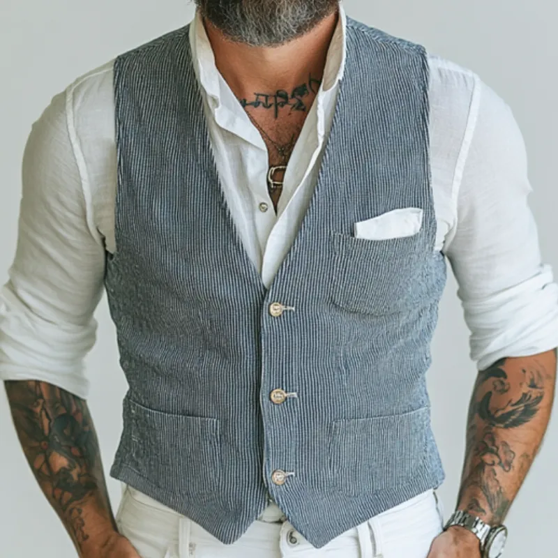 Men's Casual Cotton Blended Striped V-Neck Single-Breasted Slim Fit Suit Vest MTA1483D1M sold by Manly product image thumbnail 3