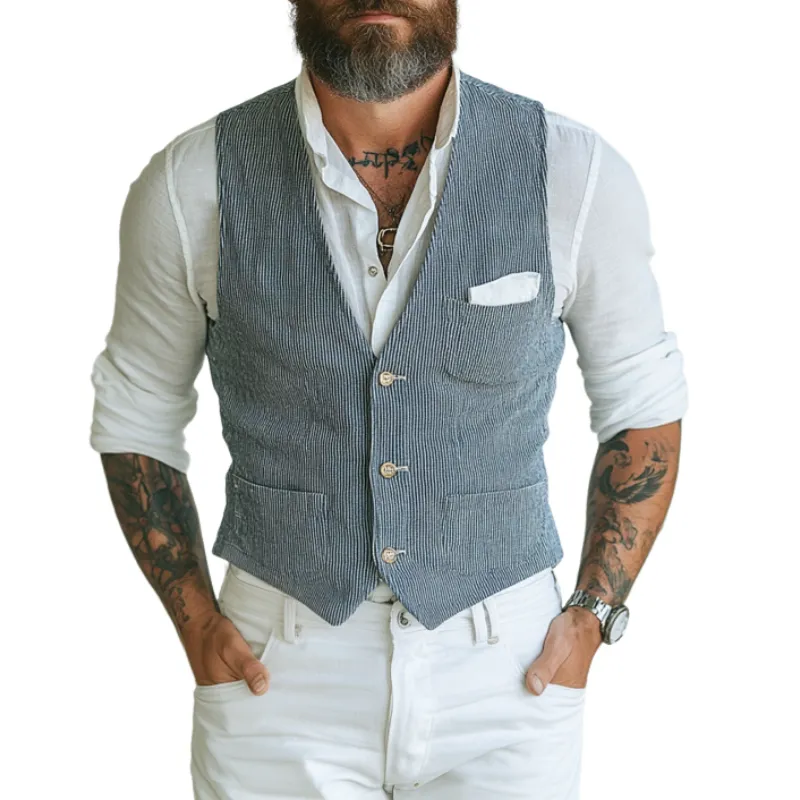 Men's Casual Cotton Blended Striped V-Neck Single-Breasted Slim Fit Suit Vest MTA1483D1M sold by Manly