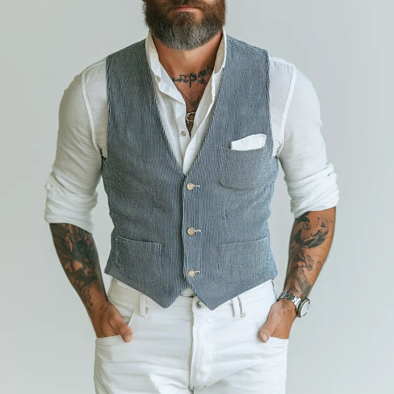 Men's Casual Cotton Blended Striped V-Neck Single-Breasted Slim Fit Suit Vest MTA1483D1M sold by Manly product image thumbnail 2