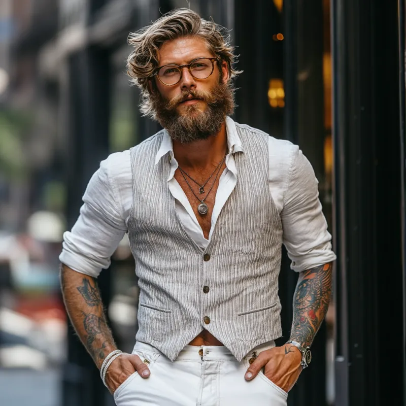 Men's Casual Cotton Blended Striped V-Neck Single-Breasted Slim Fit Suit Vest MTA1454D7M sold by Manly product image thumbnail 3