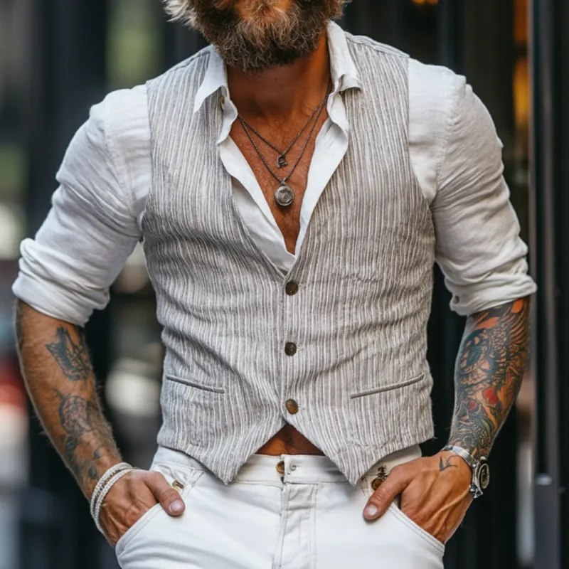 Men's Casual Cotton Blended Striped V-Neck Single-Breasted Slim Fit Suit Vest MTA1454D7M sold by Manly product image thumbnail 2