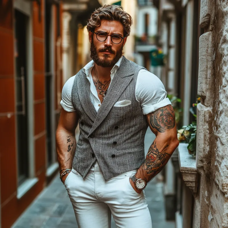 Men's Casual Cotton Blend Peaked Lapel Double-Breasted Slim-Fit Suit Vest MTA1451D6M sold by Manly product image thumbnail 3