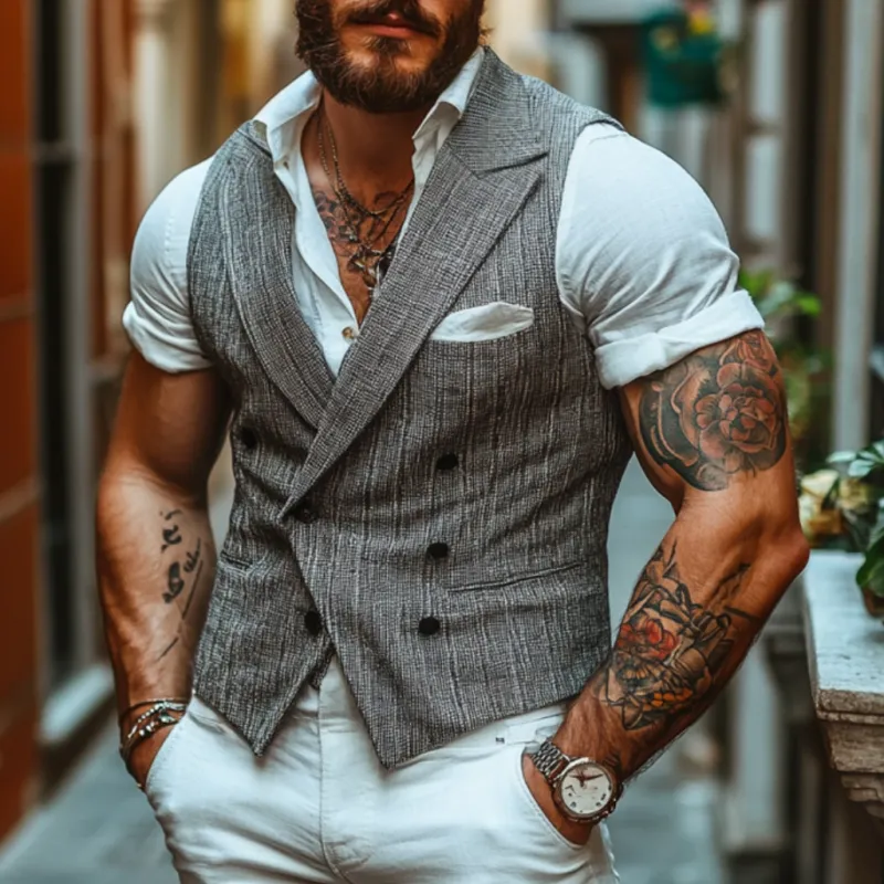 Men's Casual Cotton Blend Peaked Lapel Double-Breasted Slim-Fit Suit Vest MTA1451D6M sold by Manly product image thumbnail 2