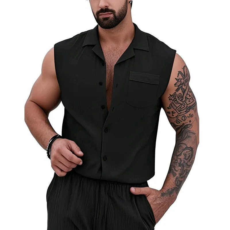 Men's Casual Solid Color Lapel Sleeveless Tank Top MTA1448D5X sold by Manly product image thumbnail 2