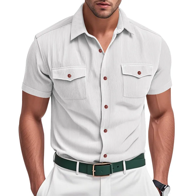 Men's Corduroy Solid Color Multi-Pocket Short Sleeve Shirt MTA1472D7X sold by Manly product image thumbnail 4