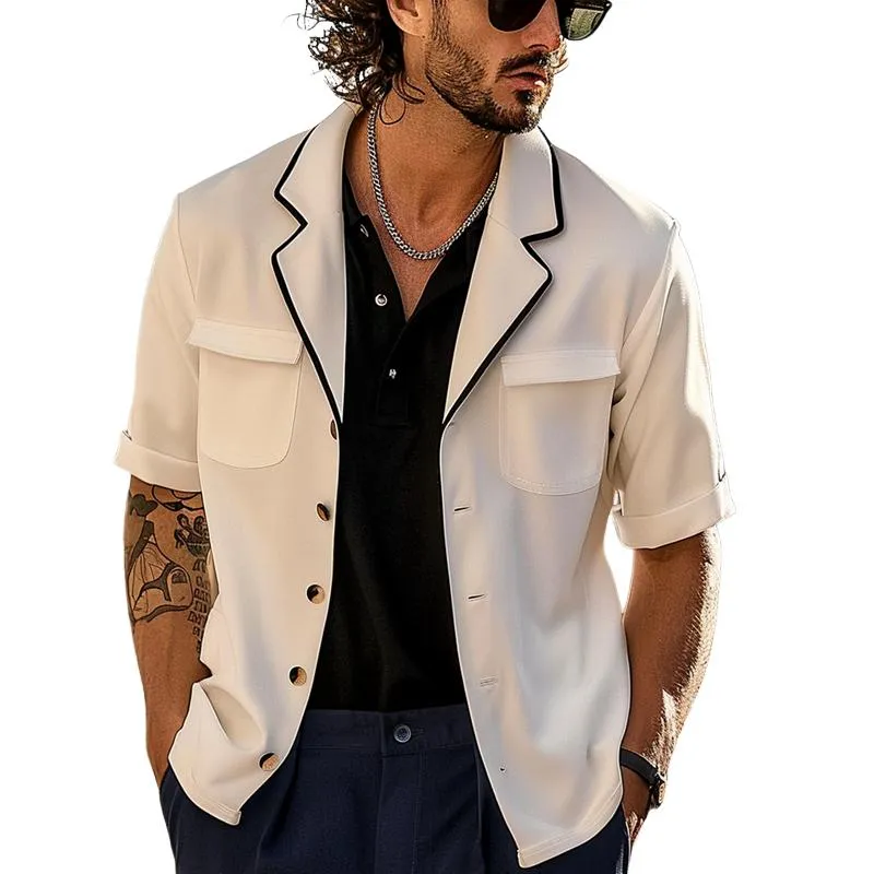 Men's Coloblock Notch Lapel Breast Pocket Short Sleeve Blazer 55617224Z sold by Manly