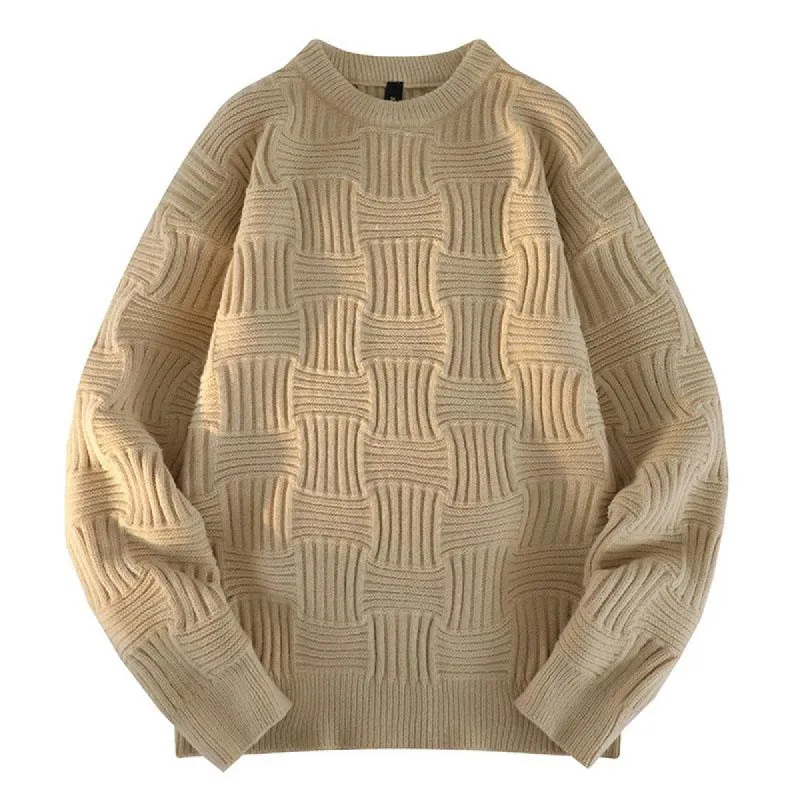Men's Casual Solid Color Round Neck Wavy Texture Pullover Knitted Sweater 41127445M sold by Manly