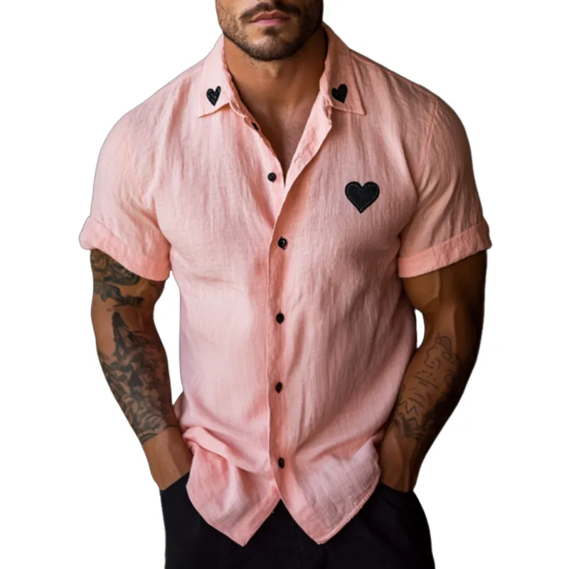 Men's Casual Heart Embroidered Linen Lapel Slim Fit Short Sleeve Shirt MTA1808D0M sold by Manly
