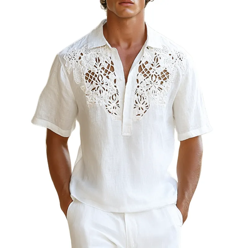 Men's Hollow Lace Stitching Lapel Short Sleeve Casual Shirt MTA1814D4Z sold by Manly