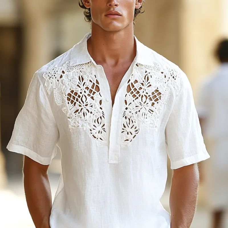 Men's Hollow Lace Stitching Lapel Short Sleeve Casual Shirt MTA1814D4Z sold by Manly product image thumbnail 3