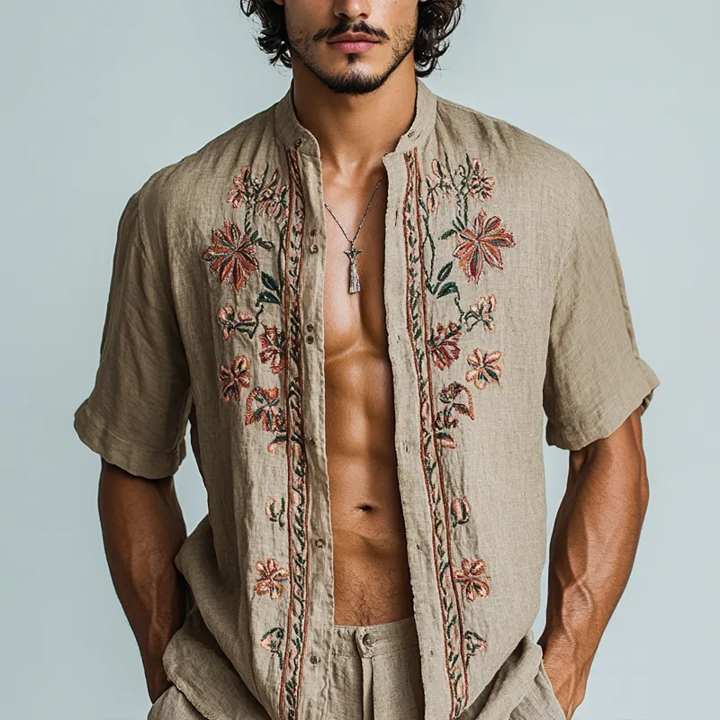 Men's Embroidered Stand Collar Short Sleeve Casual Shirt MTA1873D2Z sold by Manly product image thumbnail 2