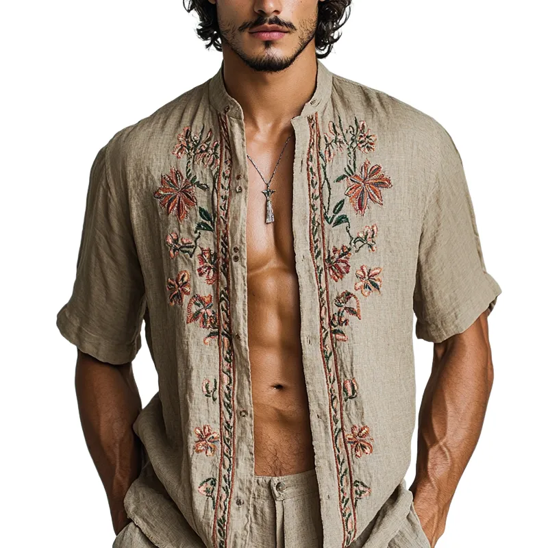 Men's Embroidered Stand Collar Short Sleeve Casual Shirt MTA1873D2Z sold by Manly