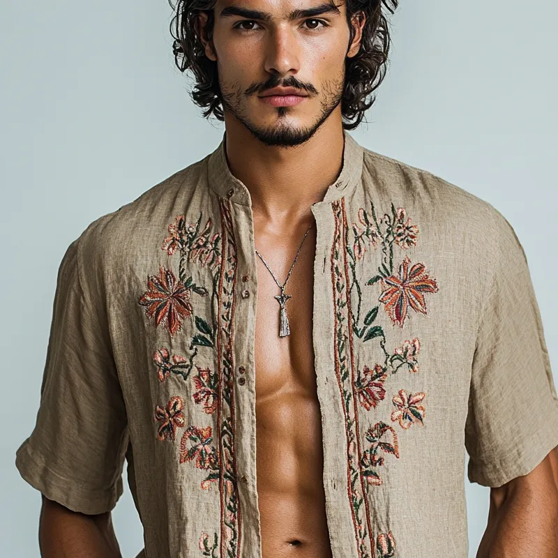 Men's Embroidered Stand Collar Short Sleeve Casual Shirt MTA1873D2Z sold by Manly product image thumbnail 3