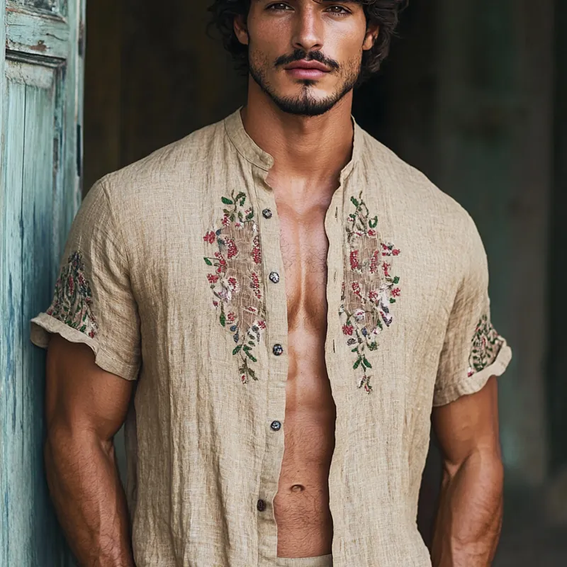 Men's Embroidered Stand Collar Short Sleeve Casual Shirt MTA1878D5Z sold by Manly product image thumbnail 3