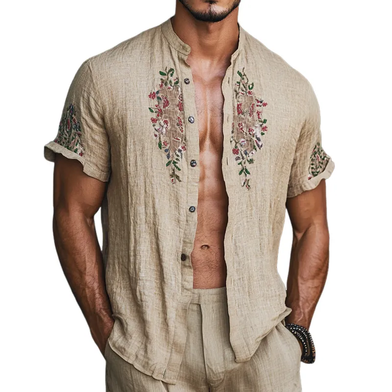 Men's Embroidered Stand Collar Short Sleeve Casual Shirt MTA1878D5Z sold by Manly