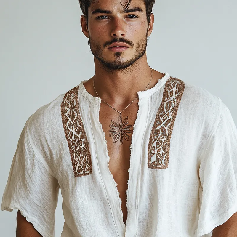Men's Embroidered V Neck Short Sleeve Casual Shirt MTA1833D0Z sold by Manly product image thumbnail 3