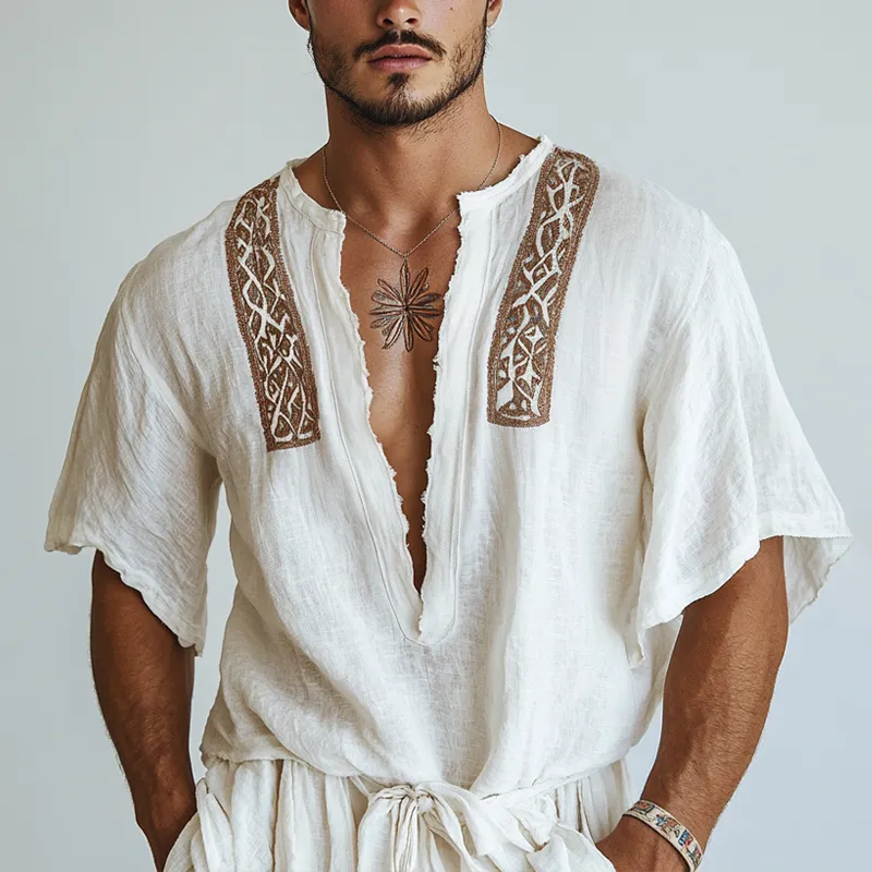 Men's Embroidered V Neck Short Sleeve Casual Shirt MTA1833D0Z sold by Manly product image thumbnail 2