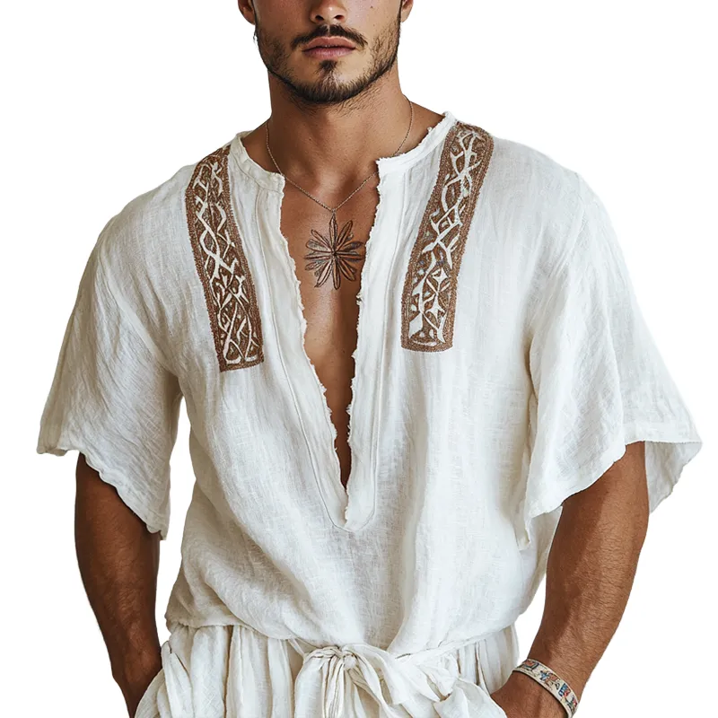 Men's Embroidered V Neck Short Sleeve Casual Shirt MTA1833D0Z sold by Manly