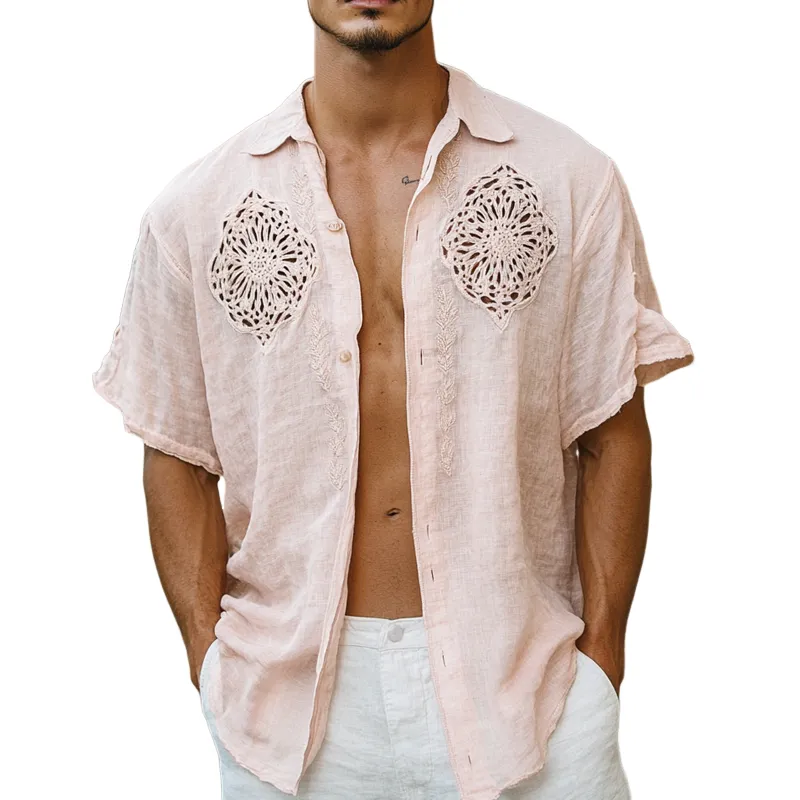 Men's Hollow Lace Stitching Lapel Short Sleeve Casual Shirt MTA1807D4Z sold by Manly