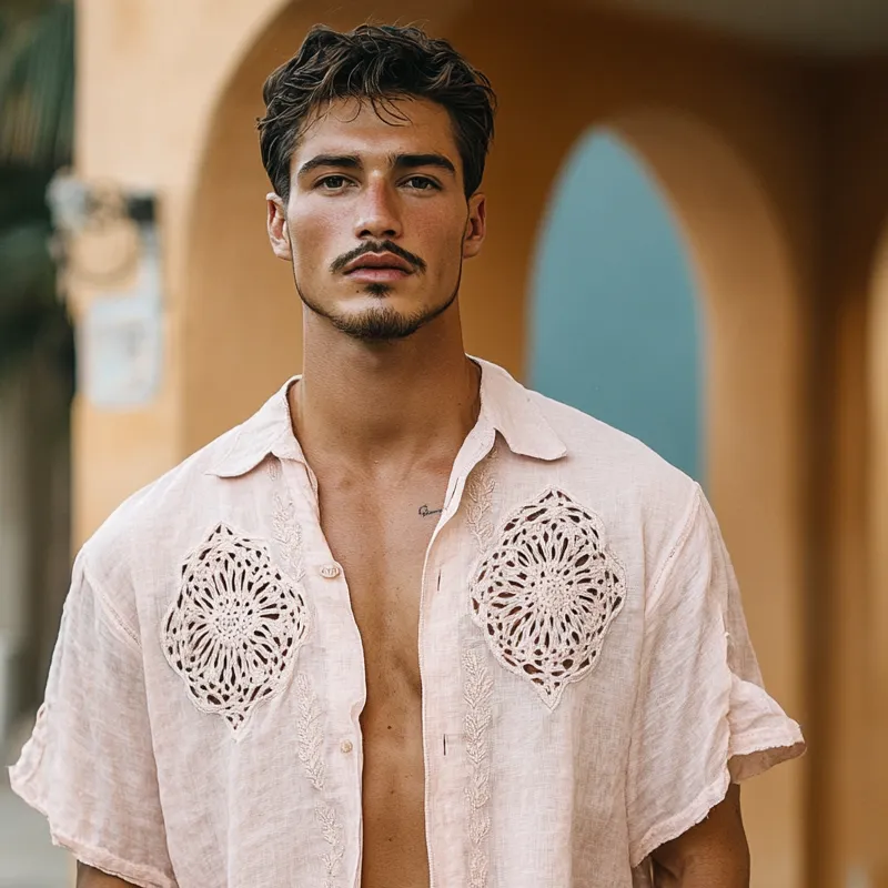 Men's Hollow Lace Stitching Lapel Short Sleeve Casual Shirt MTA1807D4Z sold by Manly product image thumbnail 3