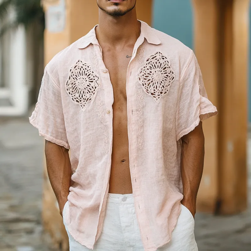 Men's Hollow Lace Stitching Lapel Short Sleeve Casual Shirt MTA1807D4Z sold by Manly product image thumbnail 2