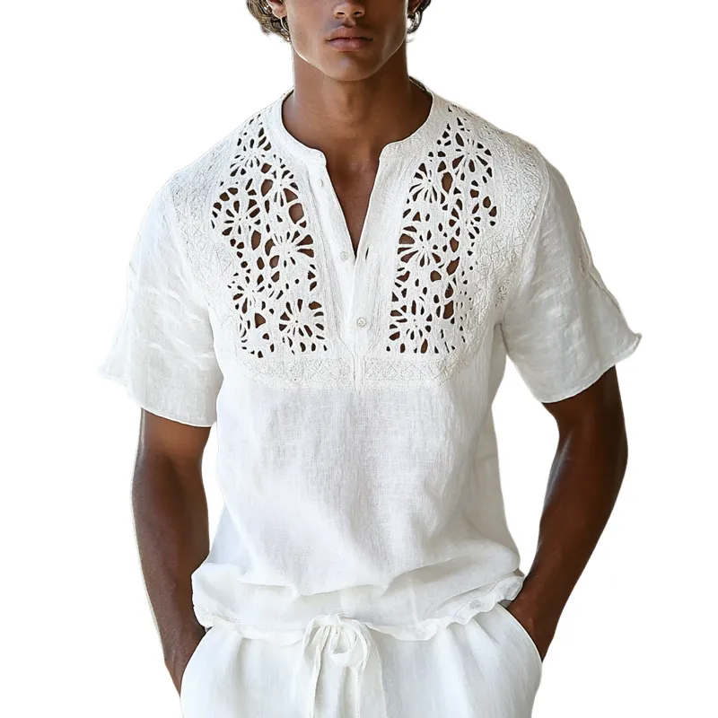 Men's Hollow Lace Stitching Henley Collar Short Sleeve Casual Shirt MTA1876D5Z sold by Manly