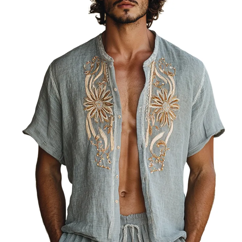 Men's Embroidered Round Neck Short Sleeve Casual Shirt MTA1813D9Z sold by Manly