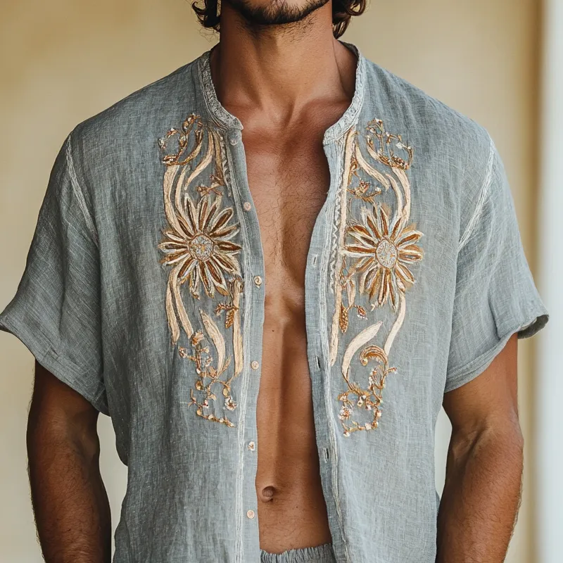 Men's Embroidered Round Neck Short Sleeve Casual Shirt MTA1813D9Z sold by Manly product image thumbnail 3